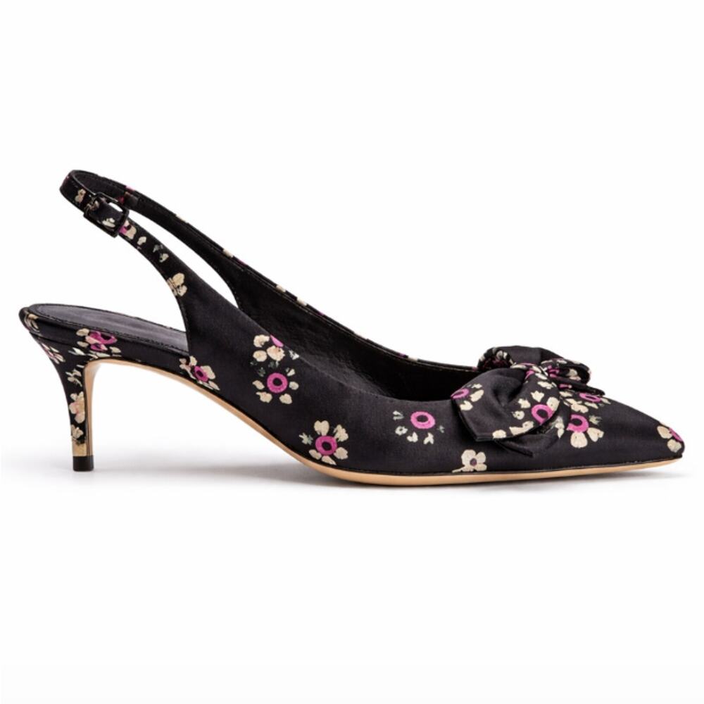Tory Burch Rosalind 65mm Floral Satin Slingback Heels Sz 9 Black Bow Kitten Heel - Picture 3 of 4